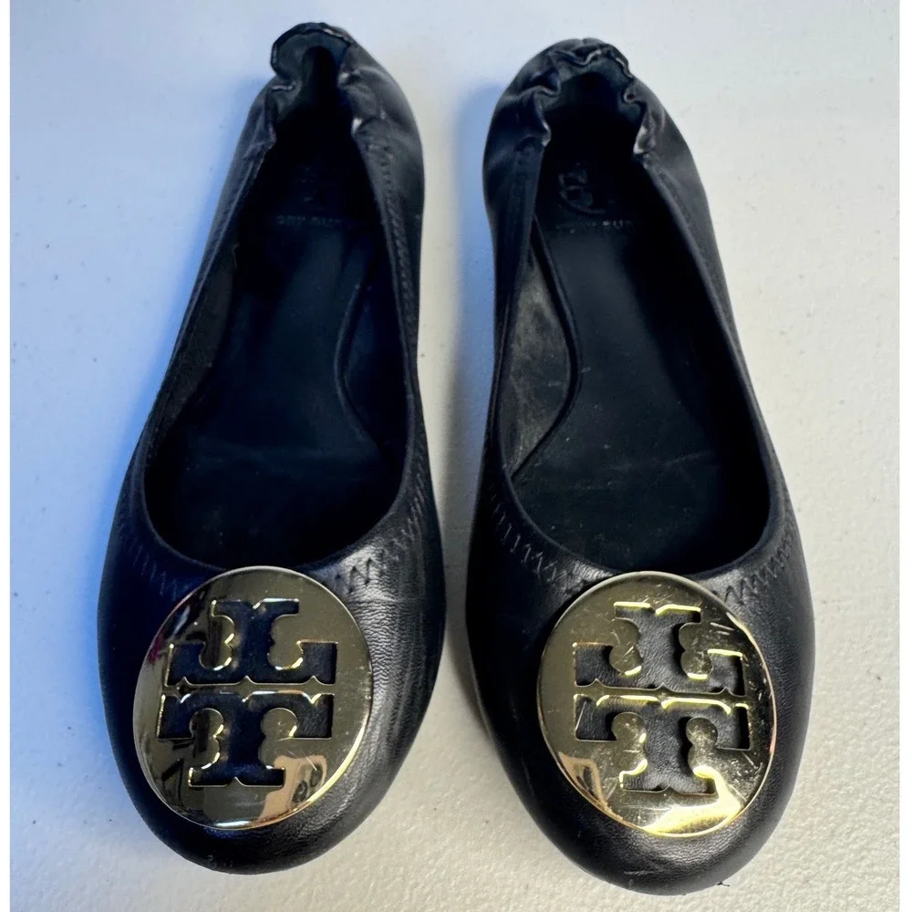 Tory Burch Reva Black Leather Ballet Flats Gold Monogram Logo Womens 6